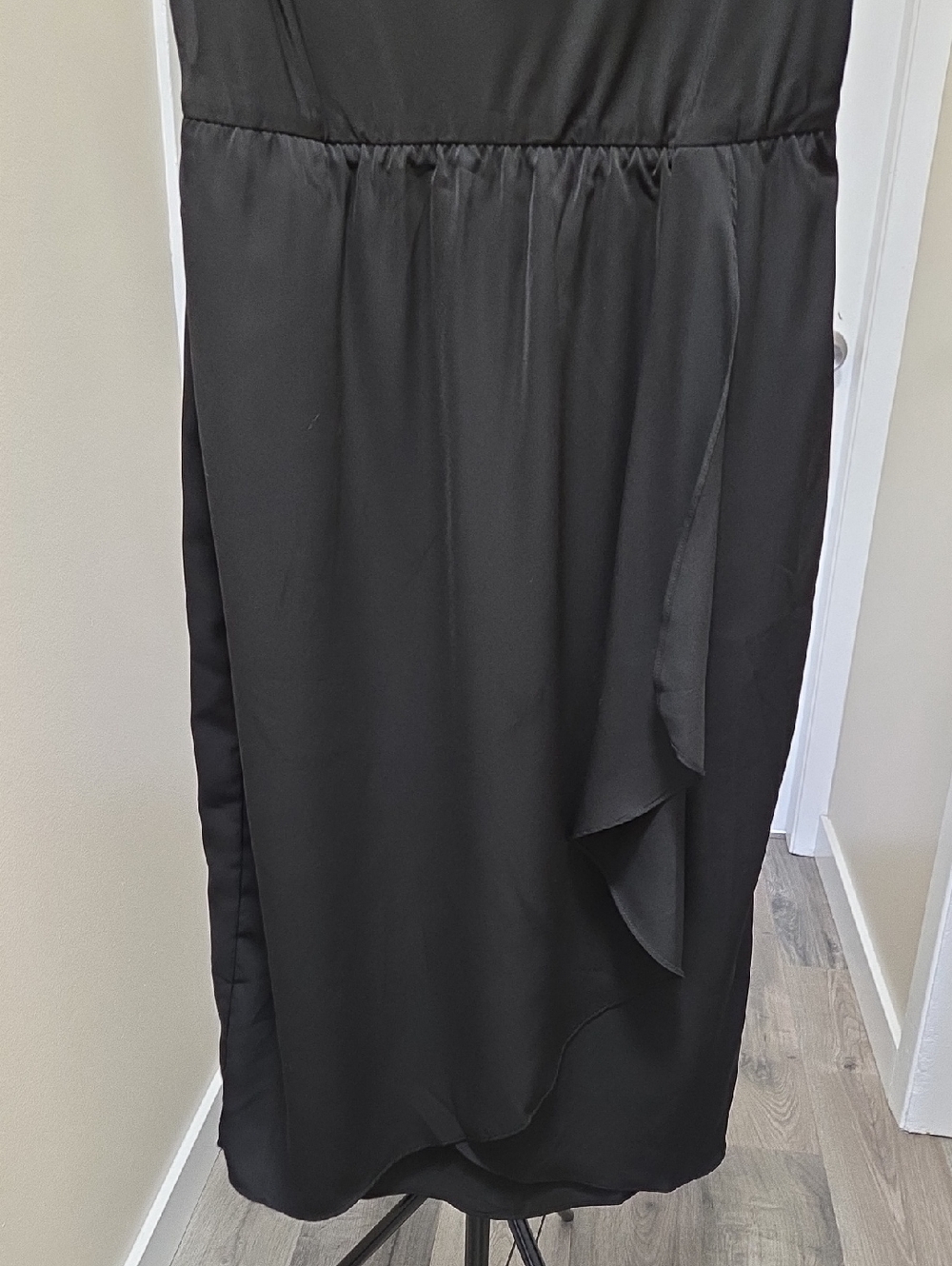 Halara Black Cowl Neck Faux Wrap Ruffle Midi Dress Sleeveless Draped Elegant - Picture 5 of 10